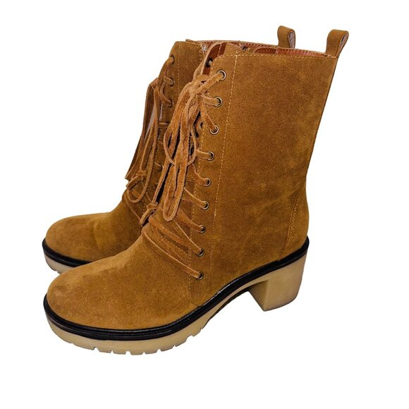 Mum Camel Suede Lace-Up Mid-Calf Boots Chunky Platform Heel Boho Retro 70s Y2K 7 - Picture 3 of 11